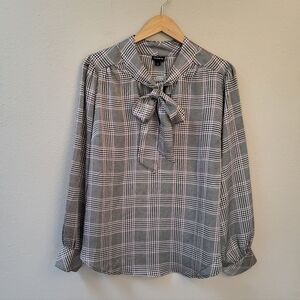 NWT Torrid Satin Bow Tie Plaid Blouse Size 1X Black White Pullover Long Sleeve